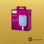 جعبه اپیلاتور فیلیپس مدل BRE228 با طرح رنگی بنفش و آبی، همراه با تصویر محصول در بسته بندی