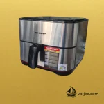 نمای زاویه‌دار سرخ‌کن شارپ AF70RT، با تمرکز بر بدنه نقره‌ای و جزئیات برچسب مشخصات دستگاه